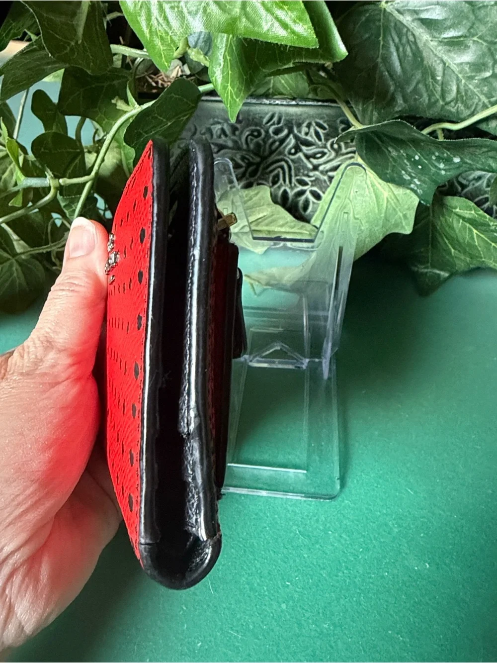Coach Small Red Leather Snap Wallet with Black Polka Dots